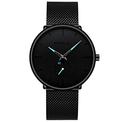 Mens Watches Ultra-thin Minimalist Waterproof-Fashion Wrist Watch for Men Unisex Dress with Stainless Steel Mesh Band-Blue Hands