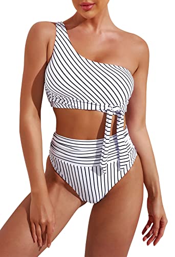Pink Queen Women's One Shoulder High Waisted Bikini Set Tie High Leg Two Piece Swimsuit Striped White L