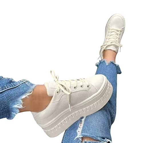Hbeylia Platform Sneakers for Women Fashion Lace Up Pacthwork Chunky Bottom High Heels Breathable Closed Round Toe Slip On Play Sneaker Shoes for Outdoor Sports