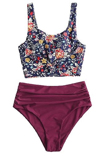 ZAFUL Women's Knotted Front Tankini Set High Waisted Bikini Scoop Neck Two Pieces Swimsuit (Plant Print-Plum Pie, M)