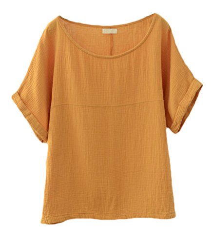 Soojun Women's Cotton Linen Round Collar Boxy Top Patchwork Blouses Yellow, Large