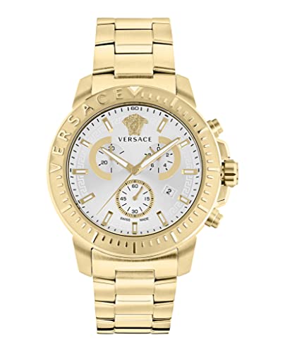 Versace New Chrono Collection Luxury Mens Watch Timepiece with a Gold Bracelet Featuring a Gold Case and Silver Dial