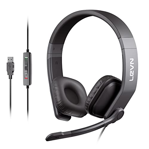 LEVN Wired Headset, USB Headset with Microphone for PC with Noise Cancelling, in-line Controls & Mute Button, Computer Headset for Work from Home/Call Center/Office/Online Class/Teams/Zoom/Skype