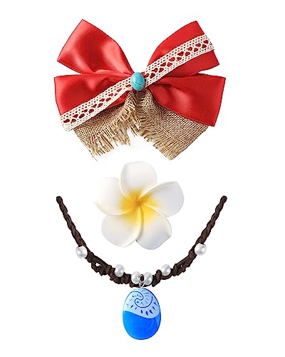 Princess Costume Accessories for Girls 3PCS Women Red Hair Bow Necklace Flower Clips Role Play Dress Up for Moana