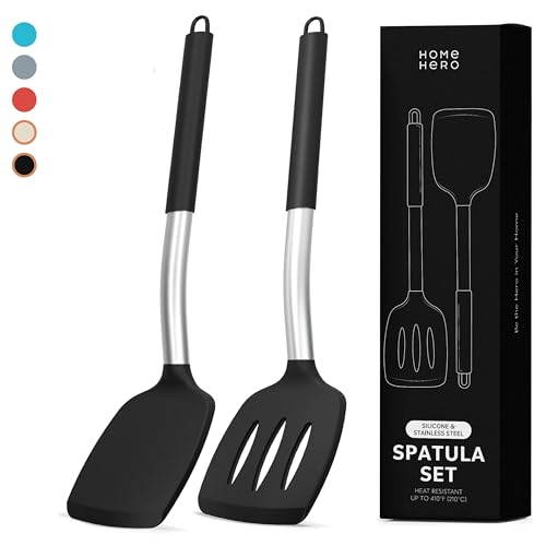 Home Hero Silicone Spatula Set with Ergonomic Handles - Stainless Steel High Heat Resistant Solid & Slotted Turner, BPA Free Non Stick Kitchen Utensils Set - Rubber Spatula for Eggs (Black)