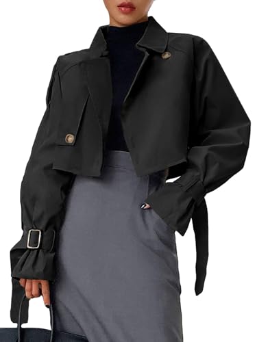 Verdusa Women's Button Front Buckle Raglan Sleeve Crop Jacket Trench Coat Black Medium