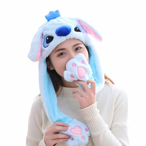 MABES WAREHOUSE Girls Animals Ear Moving Jumping Hats - Plush Rabbit Pinch Airbag Funny Winter Caps, Cute Bunny Fuzzy (Blue Koala)