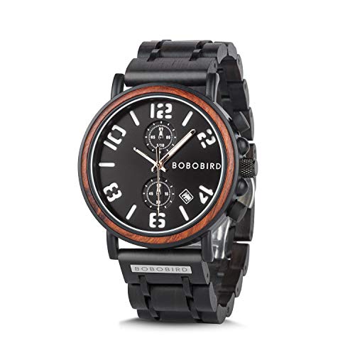 BOBO BIRD Men's Wood Watch Stainless Steel Luxury Brand Design Analog Quartz Wrist Watches Waterproof Date Timepieces (Black)