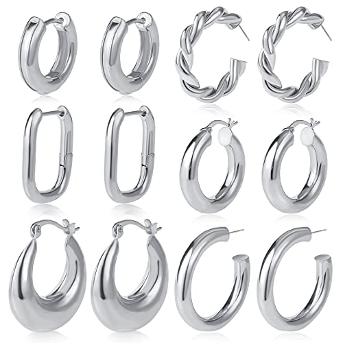 6 Pairs Chunky Gold Hoop Earrings Set for Women 14K Gold Plated Hypoallergenic Thick Open Huggie Hoop Set Jewelry for Gifts