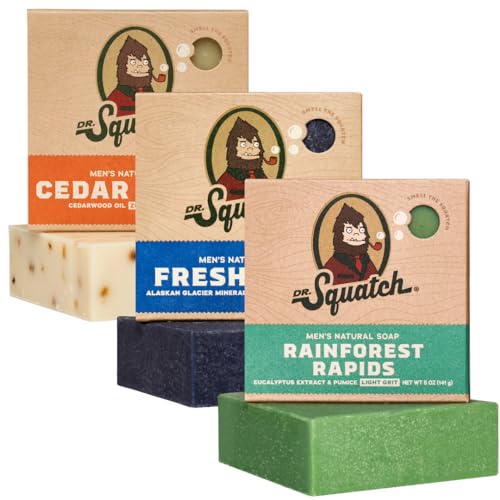 Dr. Squatch All Natural Bar Soap for Men, 3 Bar Variety Pack, Rainforest Rapids, Fresh Falls, and Cedar Citrus - Natural Men's Bar Soap