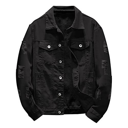 Jean Jacket for Men, Classic Ripped Slim Denim Jacket Men's Trucker Jacket Cowboy Cut Western Denim Jacket(Black,M)