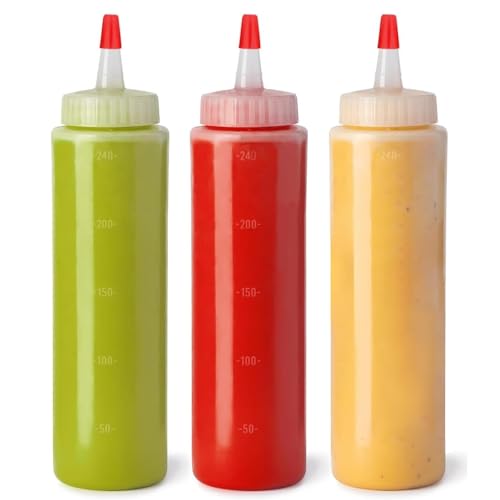 Leak-proof Condiment Squeeze Bottles for Sauces - 8 OZ Kitchen Squirt Bottles for Liquids - Plastic Condiment Bottles for Sauce, Ketchup, Dressing, Oil - Easy Pour & Clean, 3 Pack