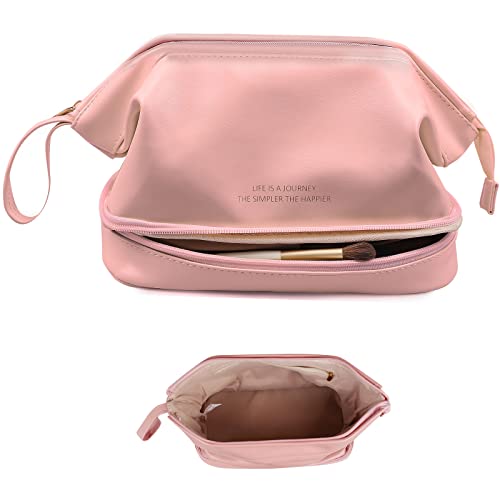Abiudeng Makeup Bag,Double Layer Travel Leather Portable Toiletry Bag,Roomy Cosmetic Bag for Women and Girls.Pink