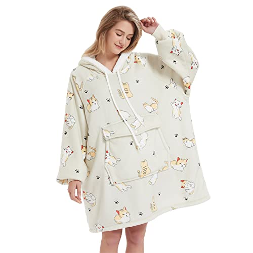 Qeils Oversized Wearable Blanket Hoodie | Comfy Sherpa Sweatshirt Pullover Jacket,Gifts for Adults Mom Wife Girlfriend Men (Cat-02, Adult)