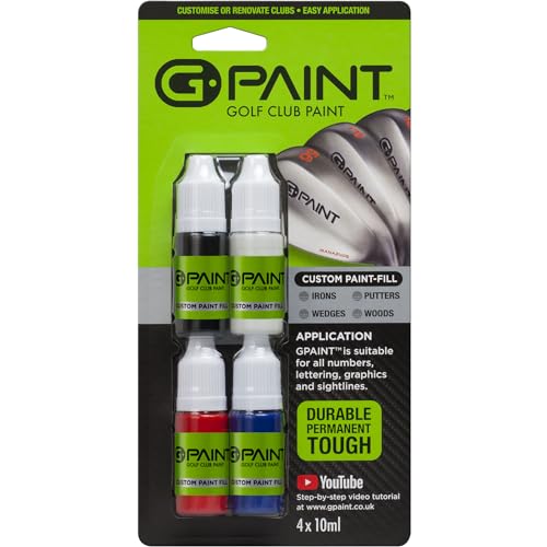 G-Paint Golf Club Paint - Touch Up, Fill in, Customize or Renovate Your Clubs - 4 Pack of 10ml Bottles. Black, White, Red & Blue
