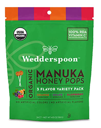 Wedderspoon Organic Manuka Honey Lollipops, Variety Pack, 24 Count (Pack of 1)| Genuine Manuka Honey + Vitamin C No Artificial Flavors or Dye Feel Better Lollipop for Kids & Grown-ups