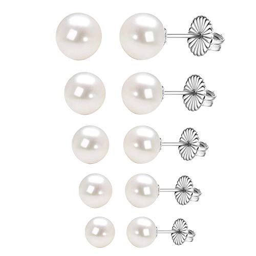 Pearl Earrings pack, Ball Stud Earrings, Shiny Imitation Pearl Earrings Stud for Girls Women, 4mm, 5mm, 6mm, 7mm, 8mm Round Ball Sterling Silver Earrings Pin, -5 Pairs