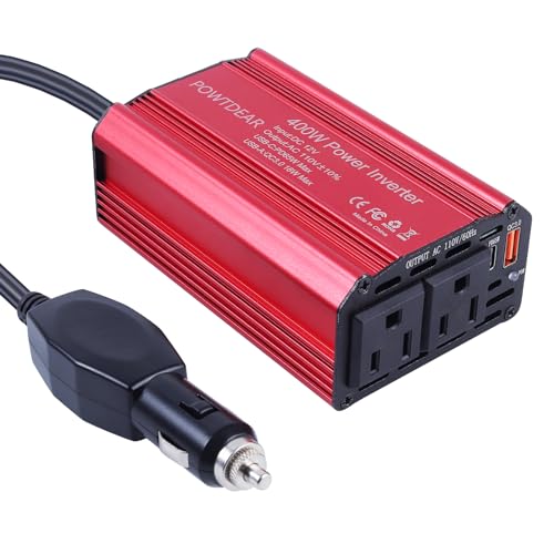400W Car Power Inverter, DC 12V to 110V AC Converter with 2 Charger Outlets and PD 65W USB Port and QC3.0 Type-c Port Cigarette Lighter Socket Adapter