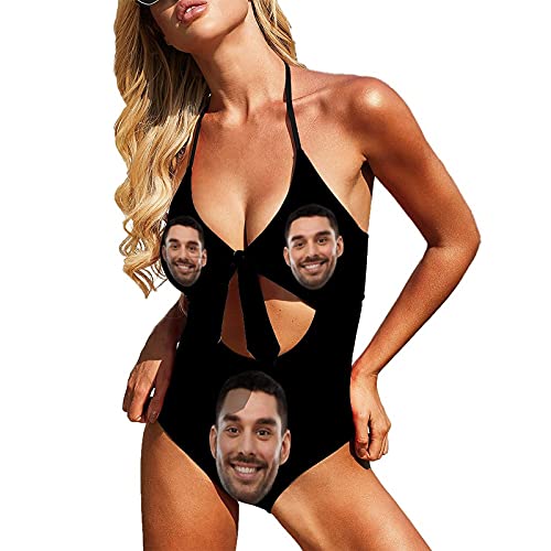 Personalized Women's Bathing Suit with Big Face Print Women's Backless Bow One Piece Swimsuit