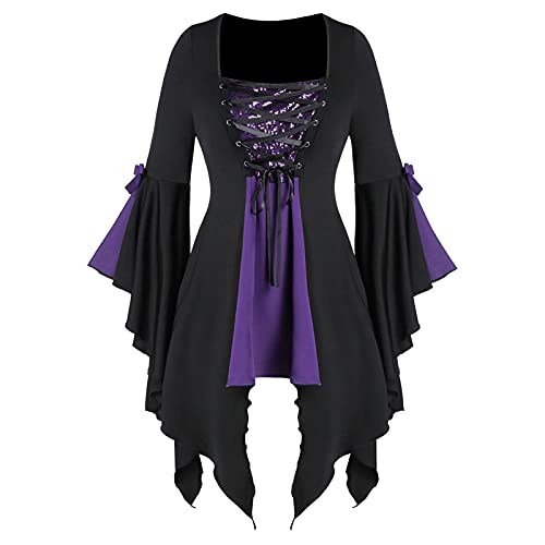 2021 Fashion Witch Blouse for Women Tunic Tops Halloween Gothic Criss Cross Mesh Trumpet Sleeve Irregular Hem Shirts Purple