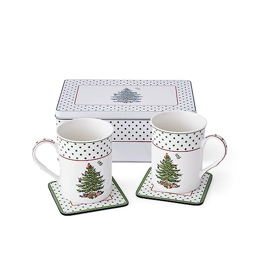 Spode Christmas Tree Polka Dot 5 Piece Mug and Coaster Set with Tin Gift Box - Festive Holiday Gift Set for Coffee and Tea - Porcelain Mugs and Cork-Backed Coasters - Dishwasher and Microwave Safe