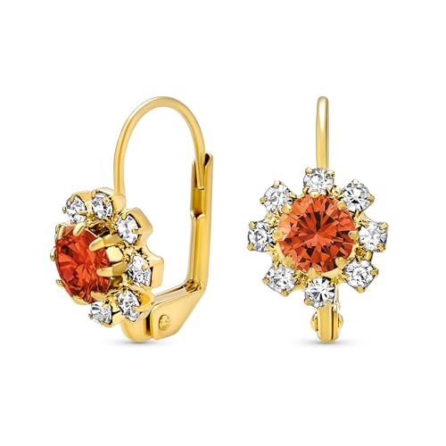 Orange And White Crystal Flower 18K Gold Plated Brass Lever back Drop Earrings For Women