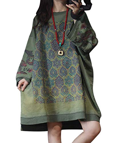 YESNO Women Ethnic Floral Sweatshirts Jacket Plus Size Crew Neck Long Sleeve/Pockets JCJ (One Size YQ7 Green)