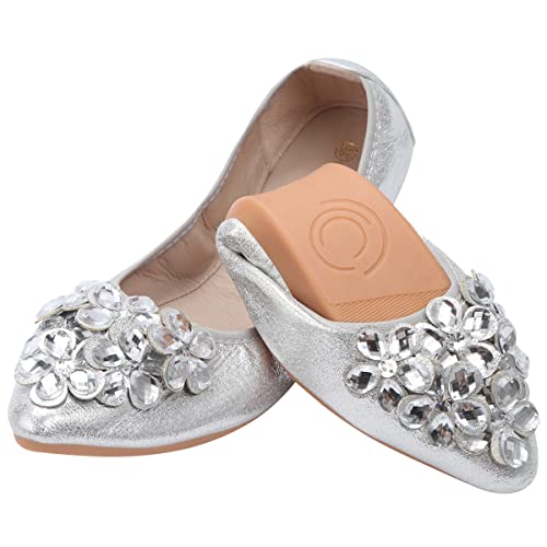 KUNWFNIX Women Ballet Flats Rhinestone Wedding Ballerina Shoes Foldable Sparkly Comfort Slip on Flat Shoes(Silver 9.5-10)