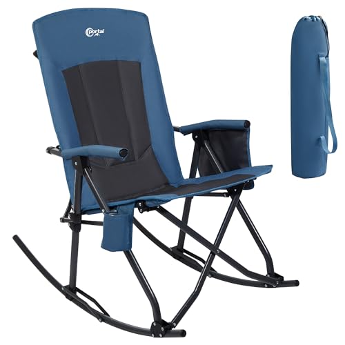PORTAL Oversized Folding Rocking Camping Chair Portable Outdoor Rocker with High Back Hard Armrests Carry Bag, Supports 400 lbs, Padded Back, Blue Grey