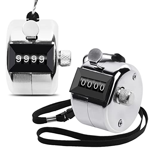 Oligei 2 Pack Metal Hand Counter Four-Digit Counter with Nylon Lanyard Silver Counter Click Counter Handheld Click Counter Digital Counting