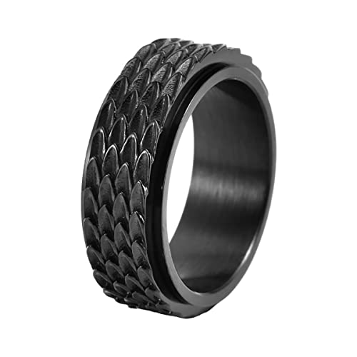 Nanafast Dragon Scale Anxiety Ring for Men Cool Stainless Steel Snake Dragon Scales Spinner Rings Fidget Ring Mens Ring Gift-Black-8