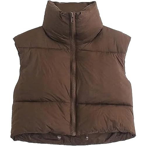 Shiyifa Women's Fashion High Neck Zipper Cropped Puffer Vest Jacket Coat (Coffee, Small)