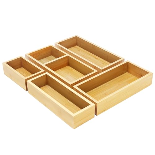 Bamboo Drawer Organizer Box Set, 5 PCS Multi-Use Individual Wood Storage Containers, Junk Drawer Divider Organizers and Storage Trays for Kitchen, Bathroom, Office Desk, Makeup, Jewelry, Utensils