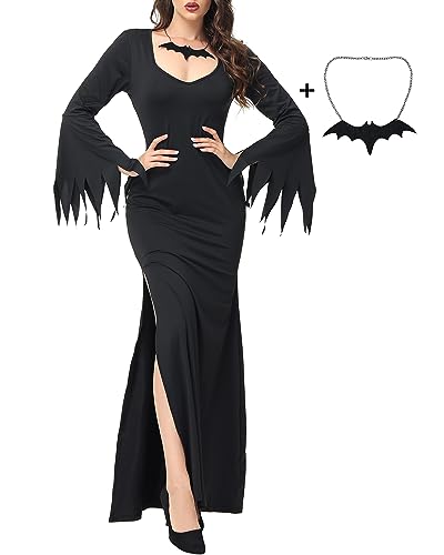 LUYANA Morticia Cosplay Costume Vintage Gothic Floor Dress Witch Vampire Dress B-Black M