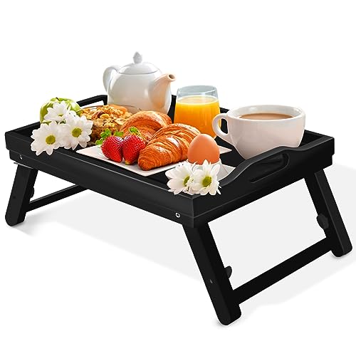 KEEKR Bed Tray Table with Adjustable Height, Foldable Legs & Leg Locks - Bed Table Tray for Serving Breakfast with Carrying Handles, 100% Made of Bamboo, for Men & Women