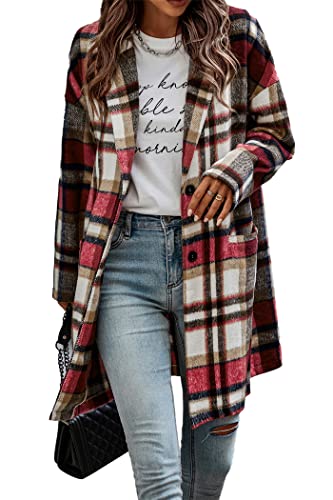 PRETTYGARDEN Women's 2023 Plaid Shacket Jacket Casual Button Wool Blend Winter Tartan Trench Coat With Pockets (Red,X-Large)