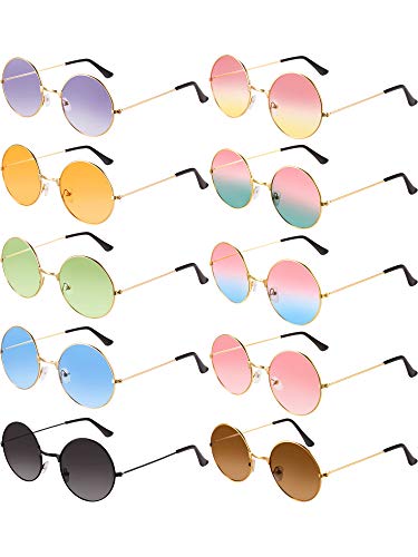 Blulu Round Hippie Sunglasses 10 Pairs 60's Style Colored Circle Glasses for Women Men (Cute Colors)