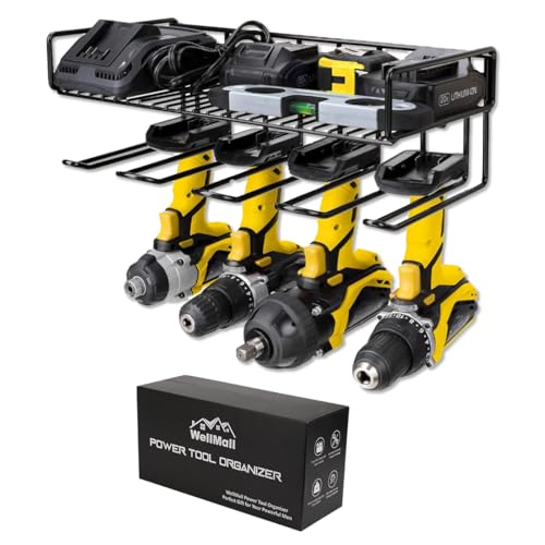 WellMall Heavy Duty Tool Organizer, 16'W x 7.48'H x 5.51'D, 4 Wall Mount Anchors, 3.95' Between Slots, Sturdy Steel Construction, Ideal for Power Tools
