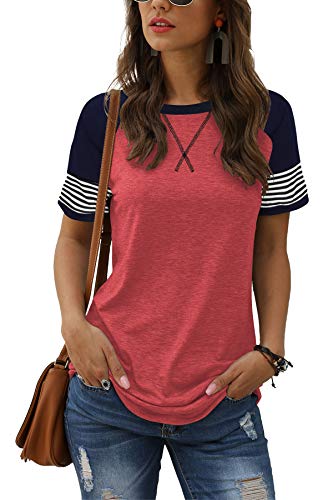 Adibosy Women Summer Casual Shirts: Short Sleeve Striped Tunic Tops - Womens Color Block Tee Tshirt Blouses Red M