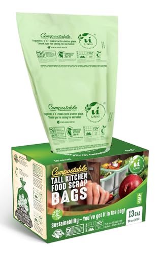UNNI Compostable Liner Bags, 13 Gallon, 49.2 Liter, 50 Count, Heavy Duty 0.85 Mil, Tall Kitchen Food Scrap Waste Bags, ASTM D6400, US BPI, CMA and Europe OK Compost Home Certified, San Francisco