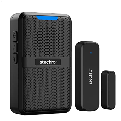 Wireless Door Chime,600Ft Range 5 Adjustable Volume 1 Magnetic Door Open Contact Sensor with 62 Chimes Mute Mode Door Bell Plugin Receiver for Home/Office/Store STECHRO (Black)