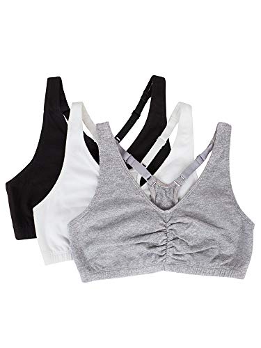 Fruit of the Loom Women's Adjustable Shirred Front Racerback Sports Bra, 3-Pack, White/Heather Grey/Black Hue, 42