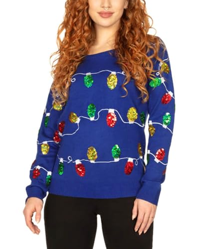 Tipsy Elves Sequined Ugly Christmas Sweater for Women Christmas Lights Cute Lady's Holiday Decorations Blue Pullover Size Small