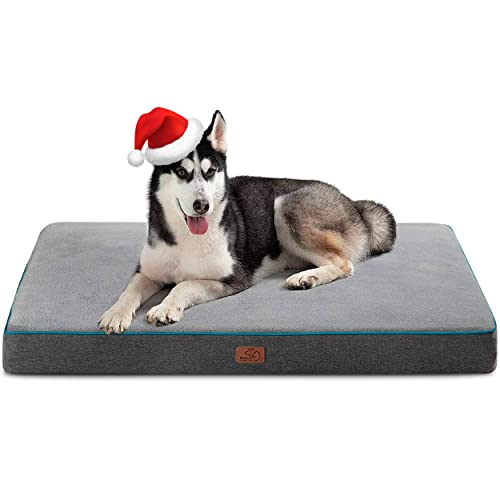 Bedsure Memory Foam Dog Bed for Large Dogs - Orthopedic Waterproof Dog Bed for Crate with Removable Washable Cover and Nonskid Bottom - Plush Flannel Fleece Top Pet Bed, Grey