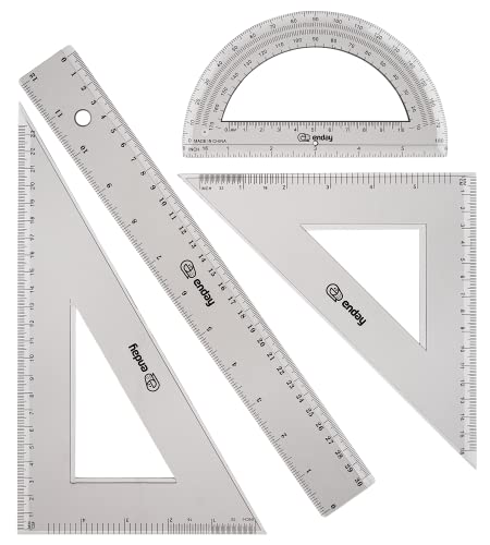 Geometry Plastic Ruler Set, Clear 12 inch/ 30 cm Straight Ruler, Triangle Rulers, Protractor Ruler Tool Set, Transparent School and Office Supplies Math Rulers for Kids and Adults, Set of 4 – By Enday