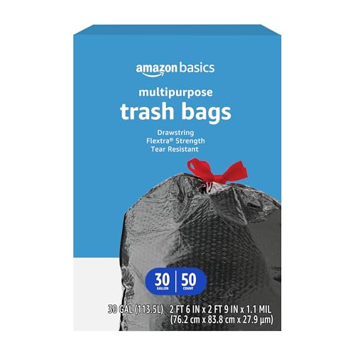 Amazon Basics Flextra Multipurpose Drawstring Trash Bags, Unscented, 30 Gallon, 50 Count