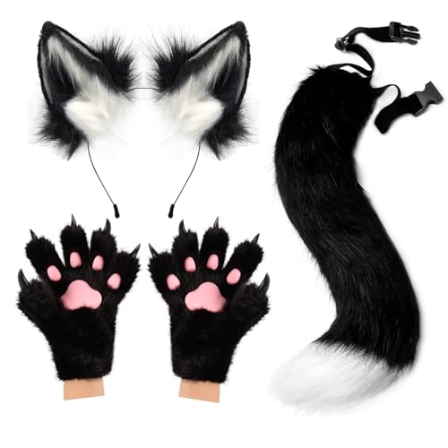 COSYEARS Fox Wolf Ears Headband Furry Tail Plush Paw Gloves Set Cosplay Costume for Halloween Christmas Carnival Fancy Party