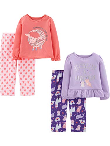 Simple Joys by Carter's Toddler Girls' 4-Piece Pajama Set (Cotton Top & Fleece Bottom), Hearts/Sheep/Unicorn/Text Print, 4T