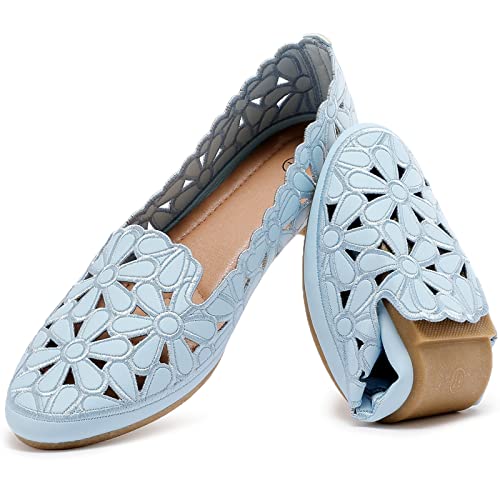 HEAWISH Women's Floral Ballet Flats for Women Slip On Daisy Flowers Round Toe Dress Shoes(Light Blue, US8)