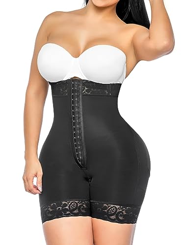 YIANNA Tummy Control Shapewear for Women Fajas Colombianas Postparto Body Shaper Shorts Butt Lifter with Zipper Crotch,YA7272-Black-M
